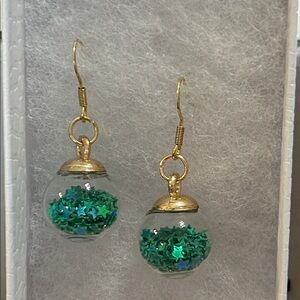 Gold Holiday Ornament Green Confetti Earrings